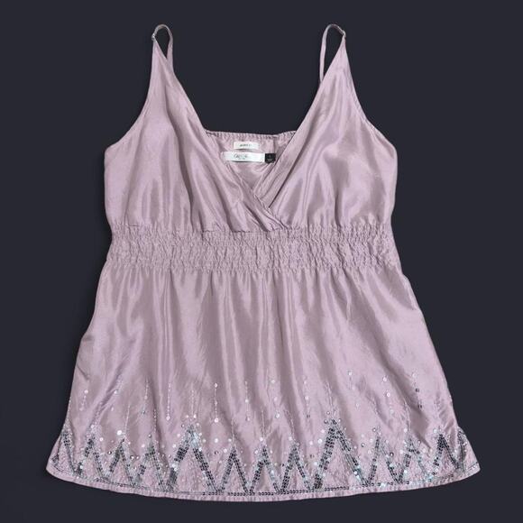 VTG Y2K Old Navy Mauve & Silver Beaded Sequin 100% Silk Smocked Cami Top L - Picture 6 of 8